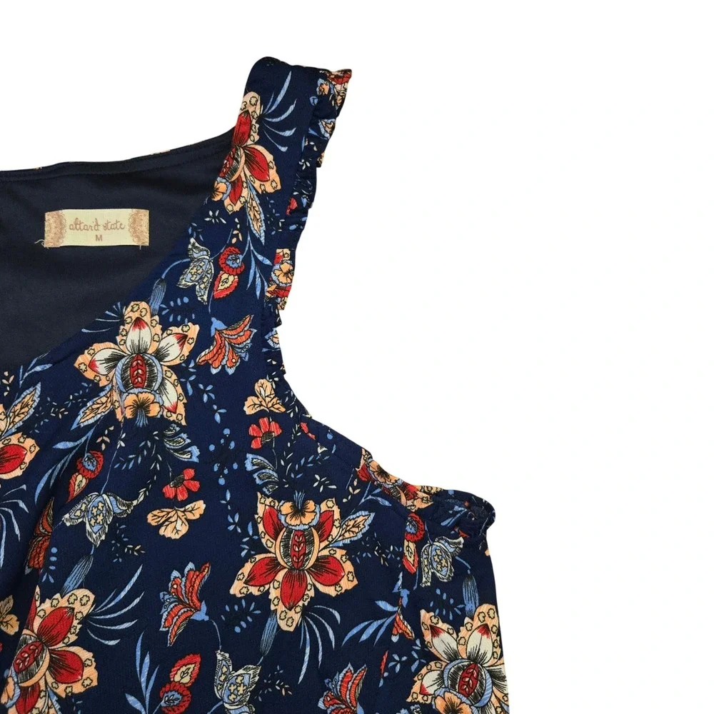 Altar'd State Floral Sharkbite Hem Sleeveless Dress Navy Blue M Boho Feminine - Picture 2 of 9